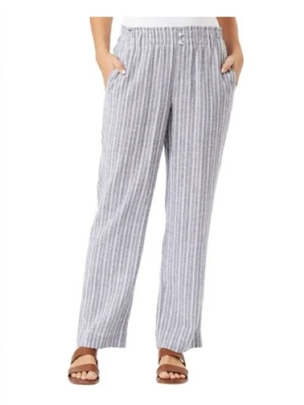 Striped Linen-Blend Pull-On Pants in Light Gray/White